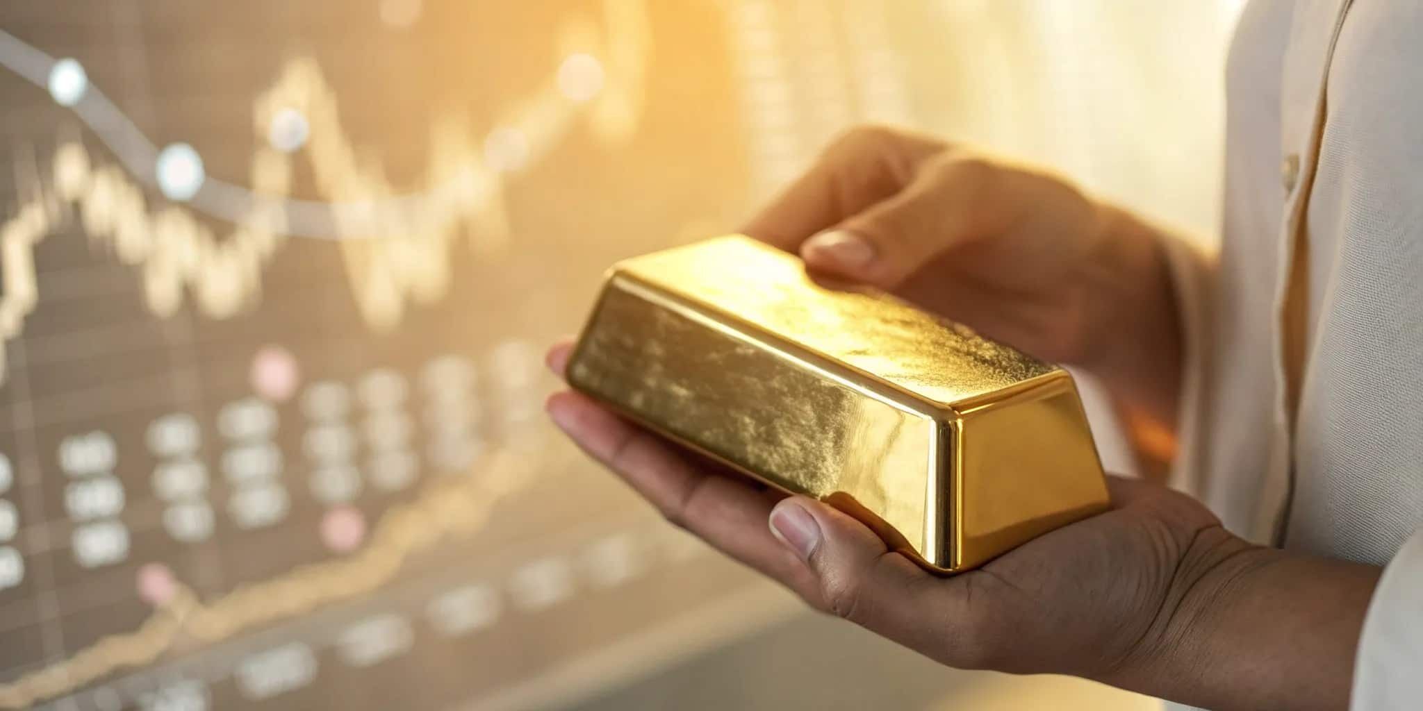 یک شمش طلای بزرگ در دست یک تریدر